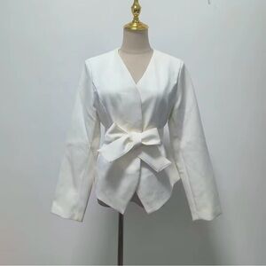 Chic White Blazer with Long Tie Detail